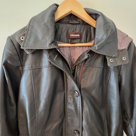 Danier Leather Fall Winter Dark Green Boho Moto Hooded Jacket Trench Coat Size L - Picture 4 of 16